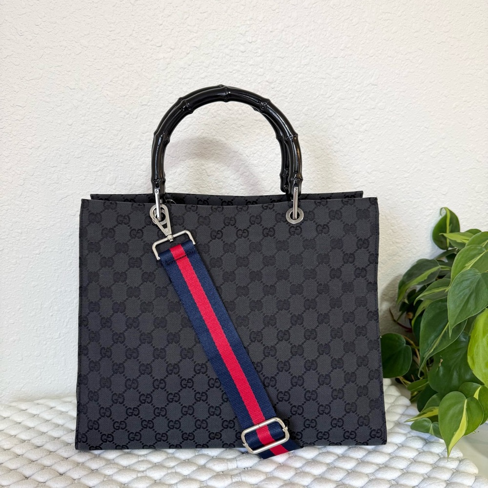 GUCCI GG Bamboo Tote Shoulder Handbag Canvas Black